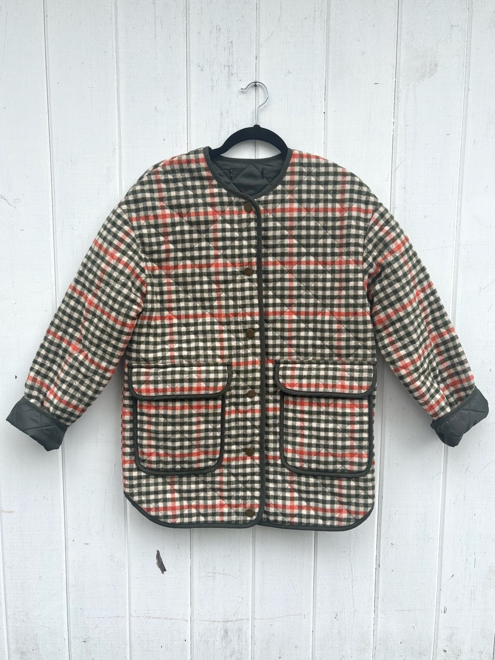 Checked Quilted Jacket in Cream, Olive & Coral
